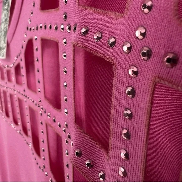 Vocal Top Womens Pink Long Sleeve Cut Out Neckline with Rhinestones Soft Stretch - Picture 7 of 10